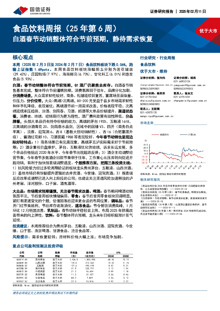 国信证券：食品饮料行业周报（25年第6周）：白酒春节动销整体符合节前预期，静待需求恢复