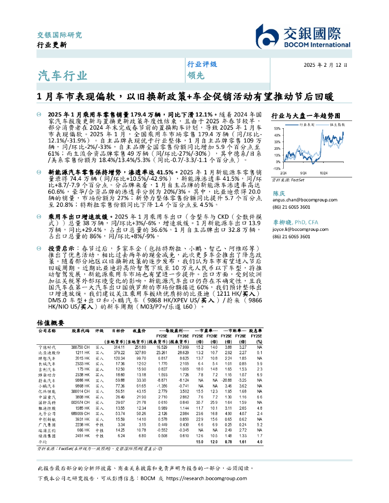 交银国际证券：汽车行业：1月车市表现偏软，以旧换新政策+车企促销活动有望推动节后回暖