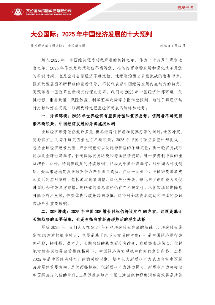 大公国际：2025年中国经济发展的十大预判报告