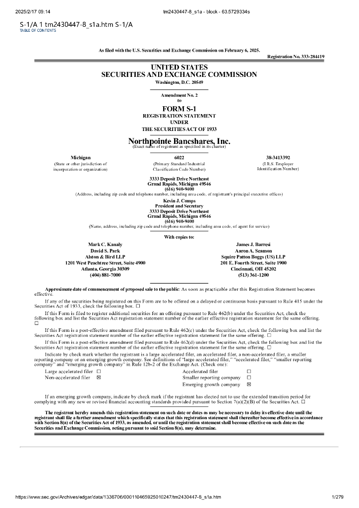 Northpointe Bancshares, Inc.美股纳斯达克IPO上市招股说明书