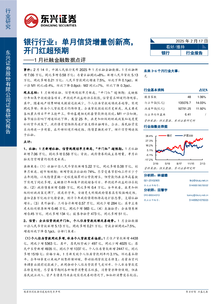 东兴证券：银行行业1月社融金融数据点评：单月信贷增量创新高，开门红超预期