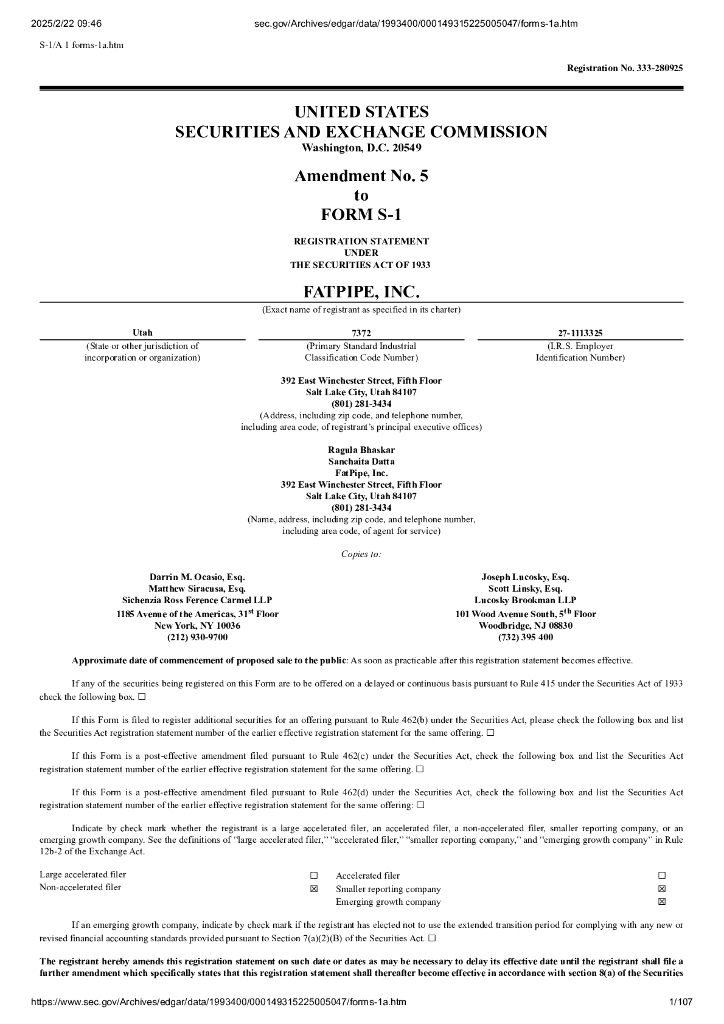 FatPipe, Inc.美股纳斯达克IPO上市招股说明书