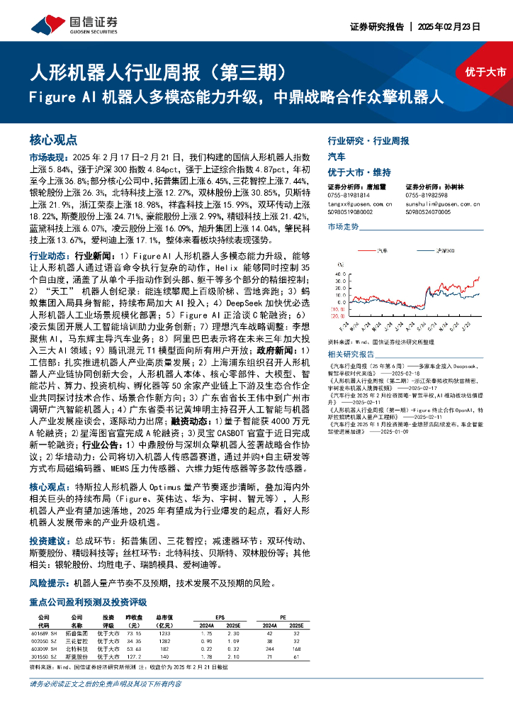 国信证券：人形机器人行业周报（第三期）：FigureAI机器人多模态能力升级，中鼎战略合作众擎机器人