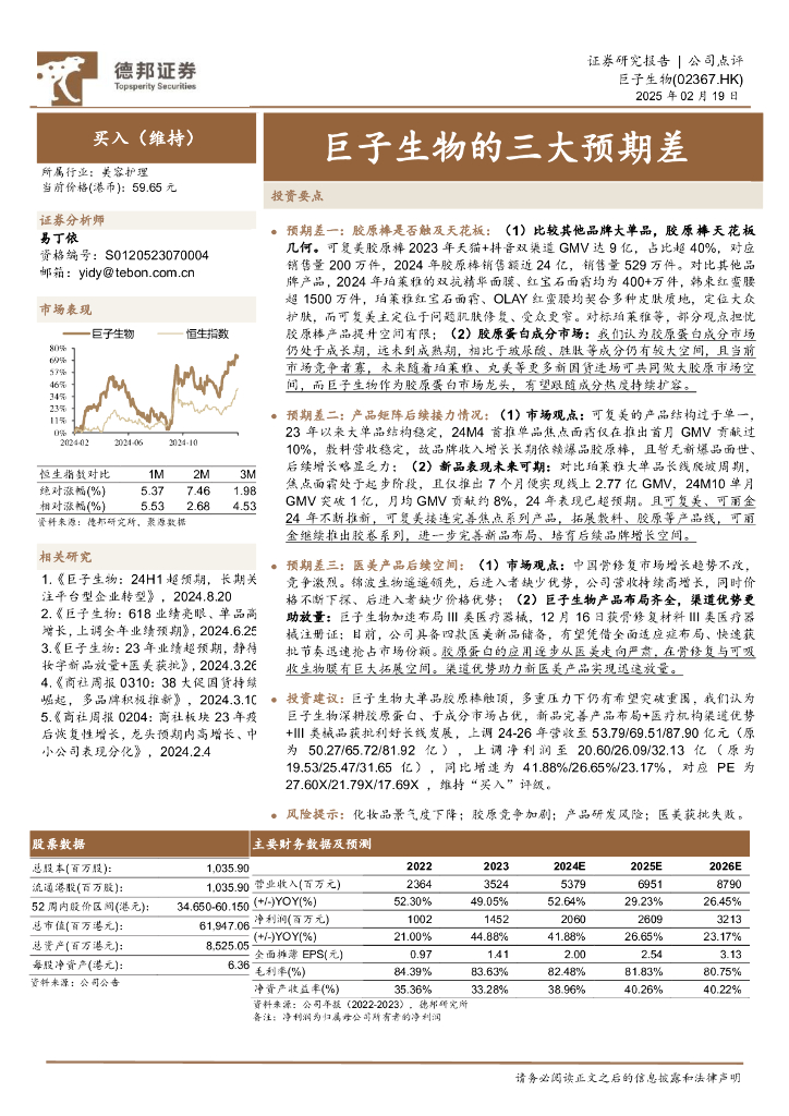 德邦证券：巨子生物（2367.HK）巨子生物的三大预期差海报