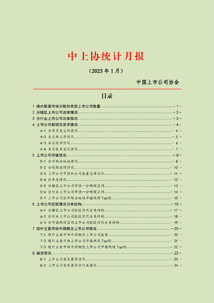 中国上市公司协会：中上协统计月报（2025年1月）