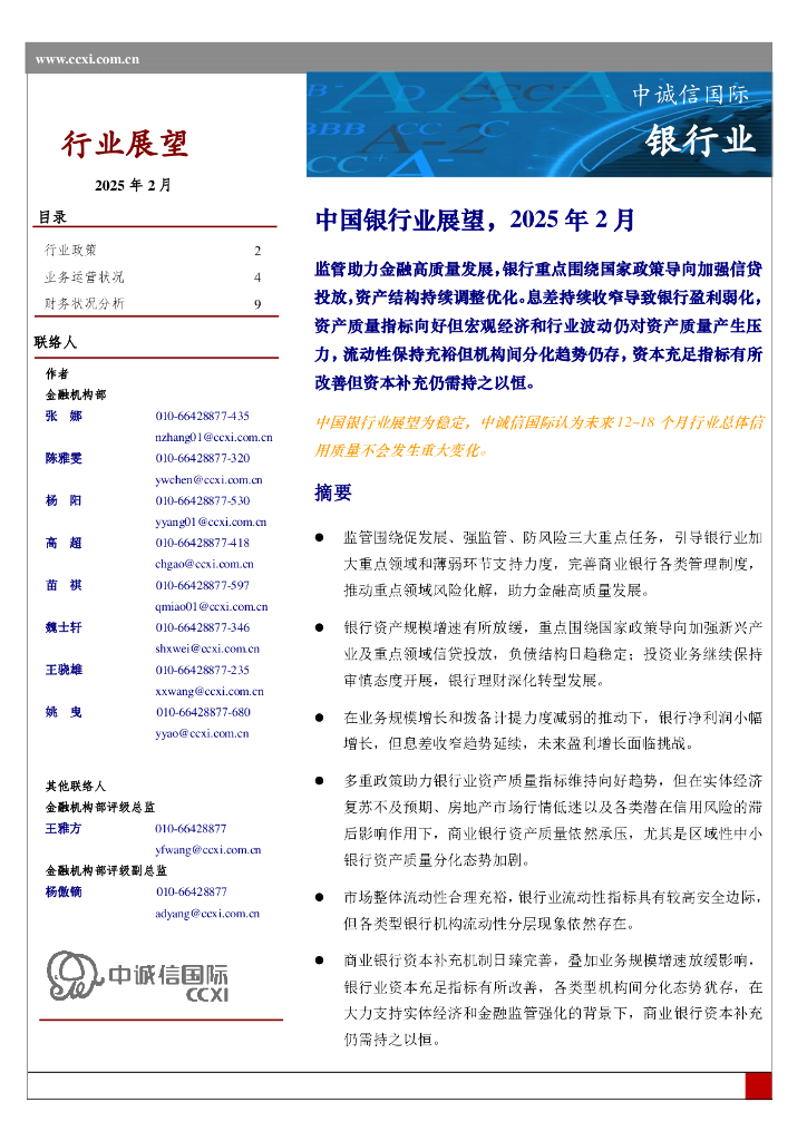 中诚信国际：中国银行业展望，2025年2月