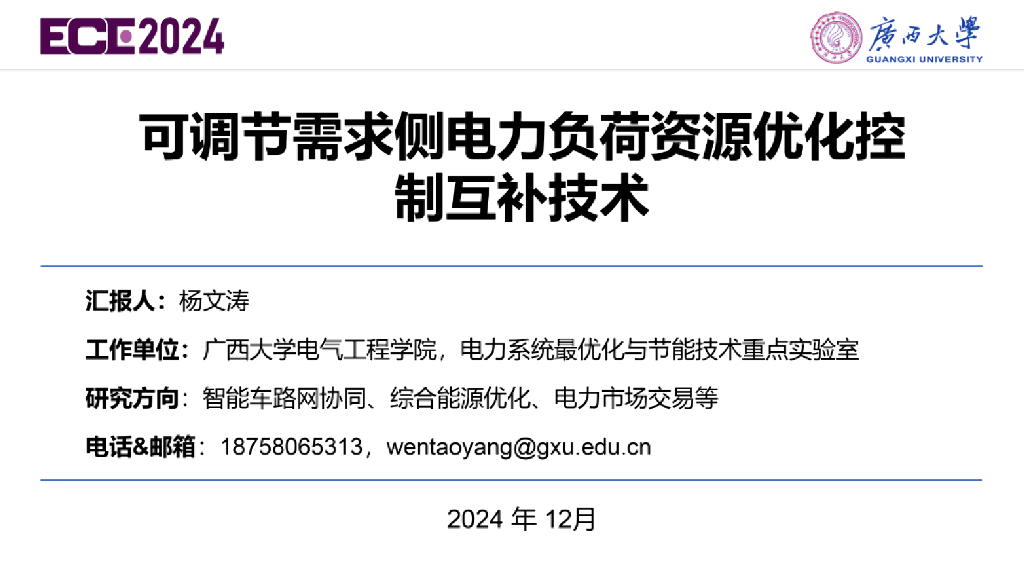 广西大学（杨文涛）：2024年可调节需求侧电力负荷资源优化控制互补技术报告