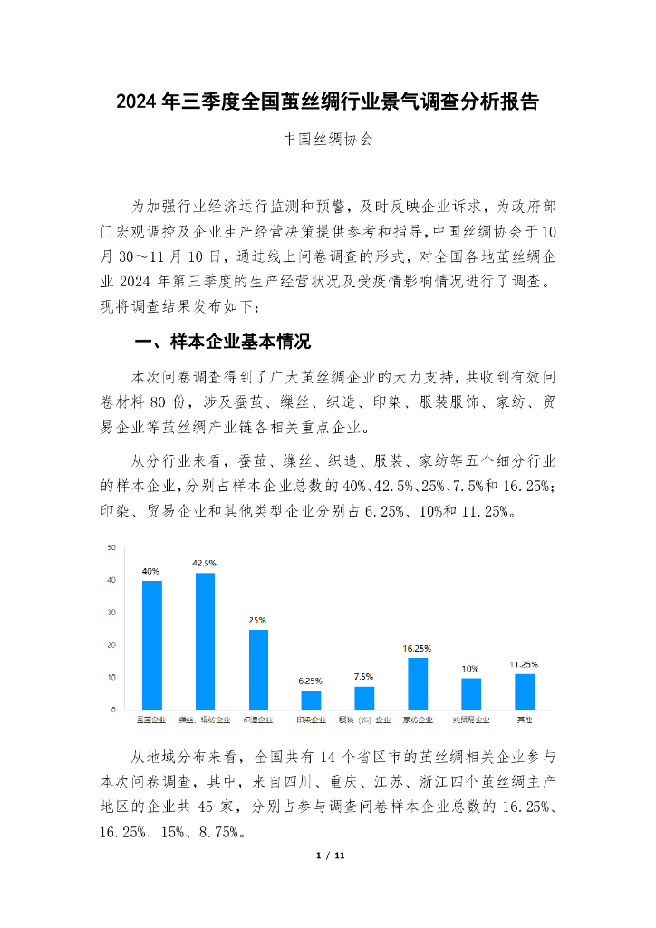 中国丝绸协会：2024年三季度全国茧丝绸行业景气调查分析报告
