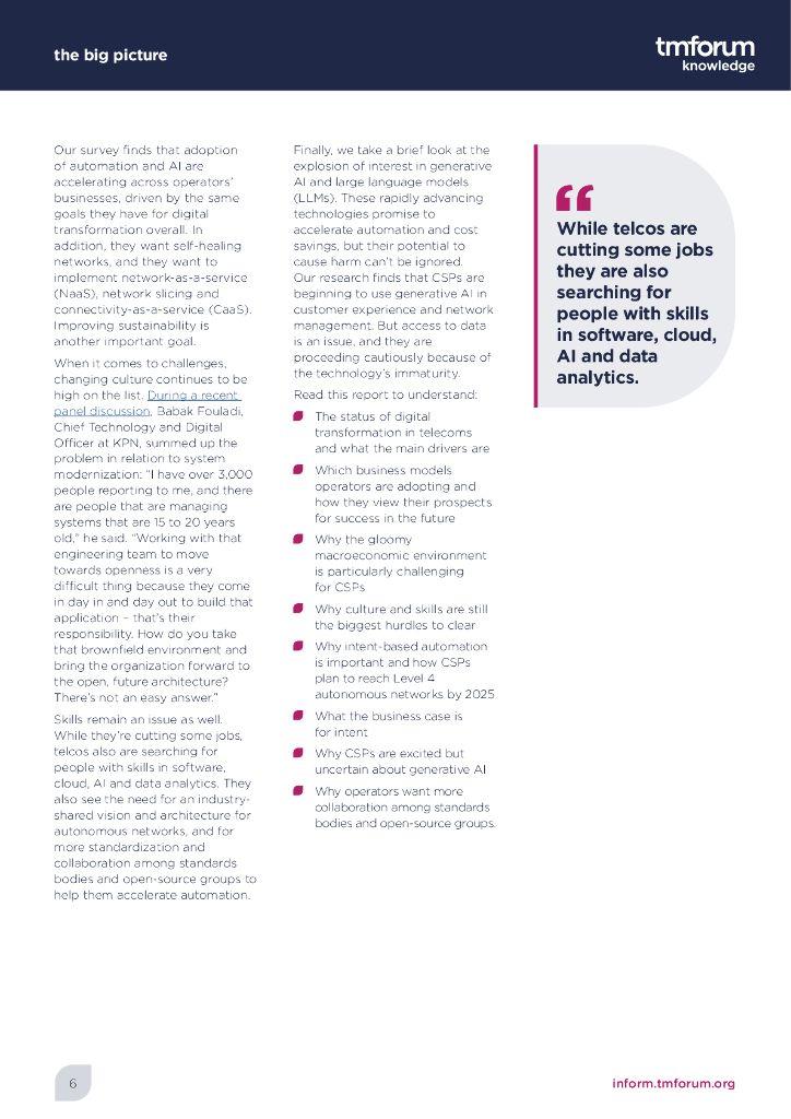 电信管理论坛：2023年第7版电信运营商数字化转型追踪报告-利用自动化和人工智能降低复杂性（英文版）_第6页