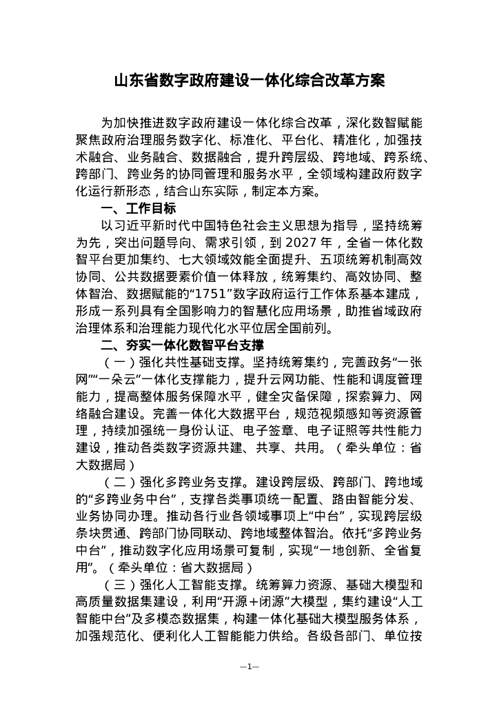 山东省数字政府建设一体化综合改革方案
