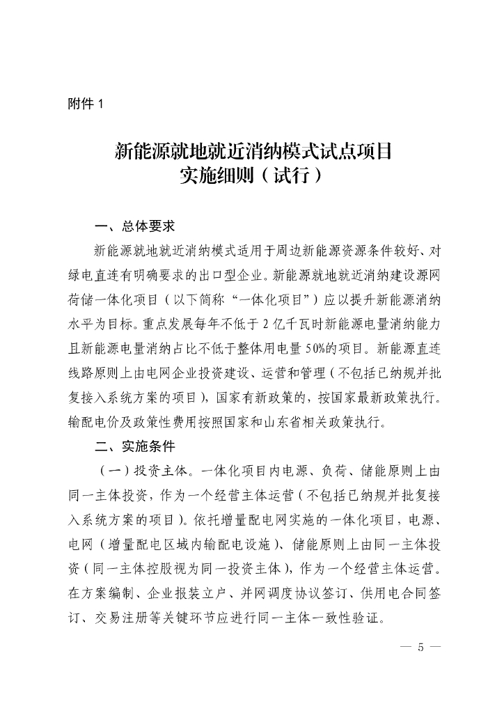 山东省发改委：新能源就地就近消纳模式试点项目实施细则（试行）