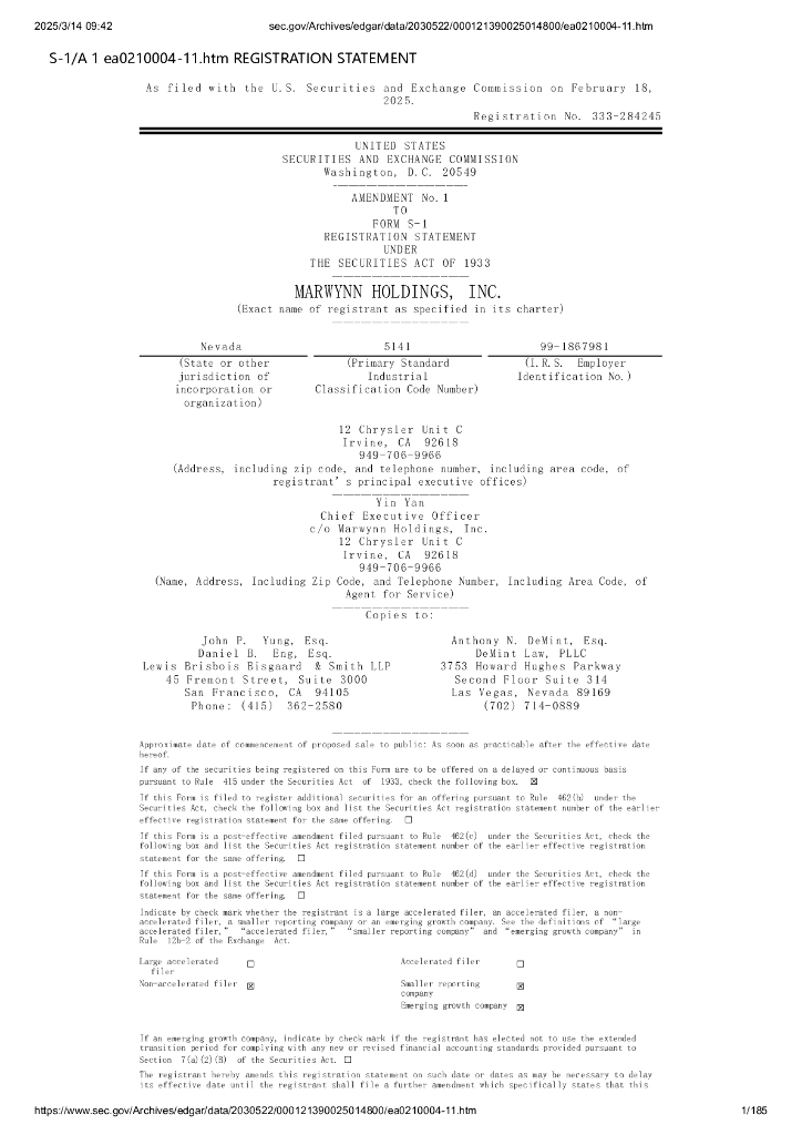 Marwynn Holdings, Inc.美股纳斯达克IPO上市招股说明书海报