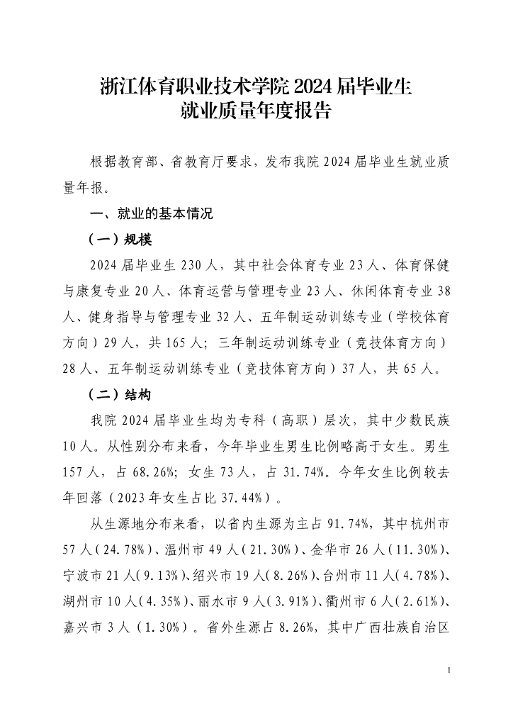 浙江体育职业技术学院2024届毕业生就业质量年度报告