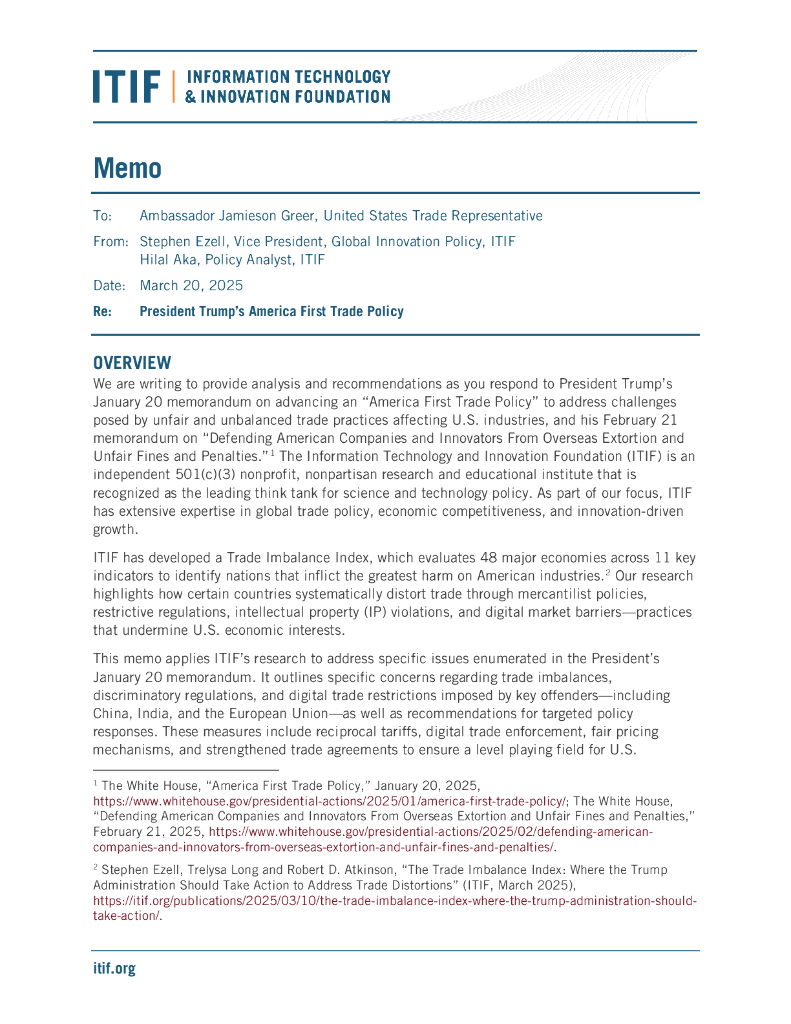 ITIF：2025年有关特朗普总统美国第一贸易政策的美国贸易代表的备忘录报告（英文版）