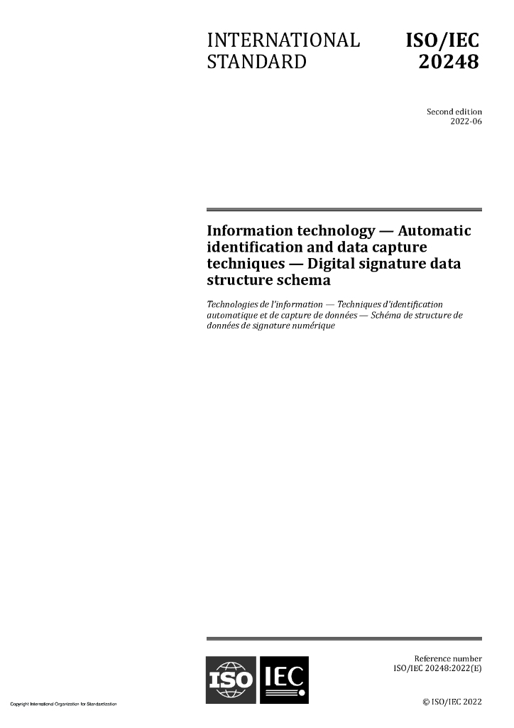 ISO/IEC 20248-2022 信息技术 自动识别和数据采集技术 数据结构 数字签名元结构