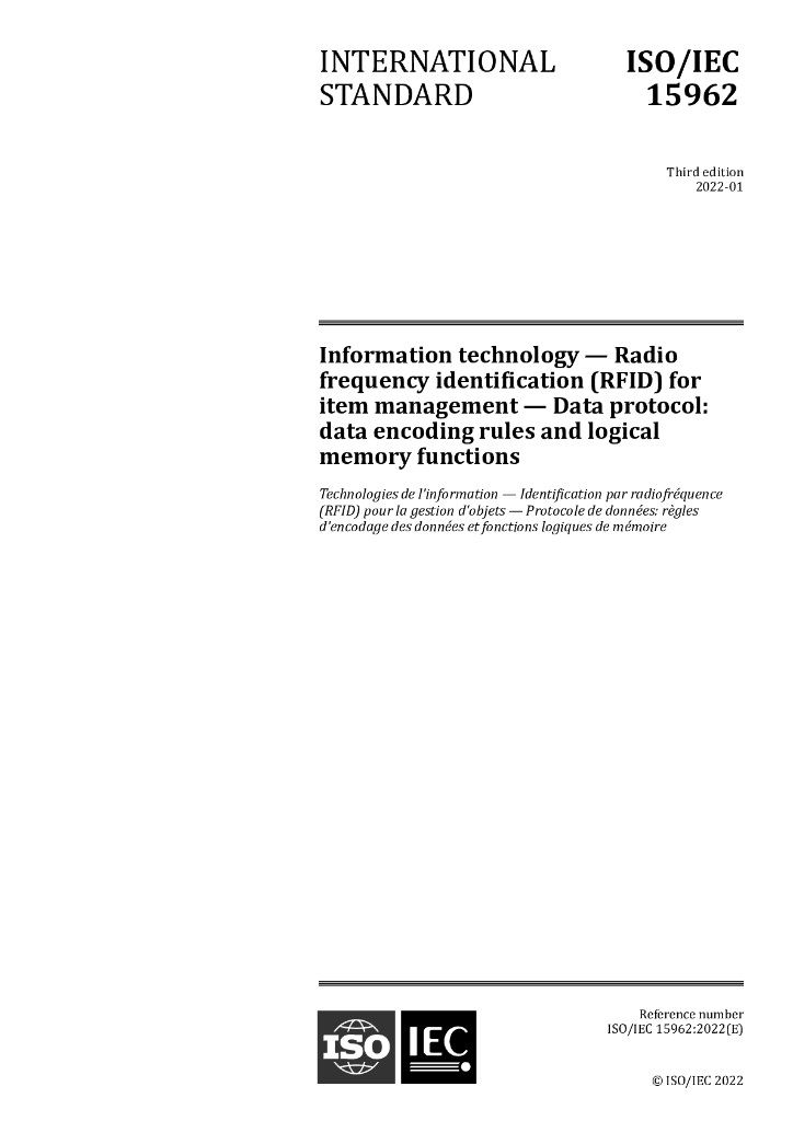 ISO/IEC 15962-2022 信息技术 项目管理用无线电频率识别(RFID)数据协议:数据编码规则和逻辑记忆功能