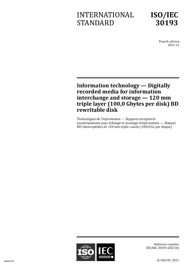 ISO/IEC 30193-2021 信息技术 用于信息交换和存储的数字记录媒体 120mm三层(每个磁盘100,0 gb字节)BD可重写磁盘