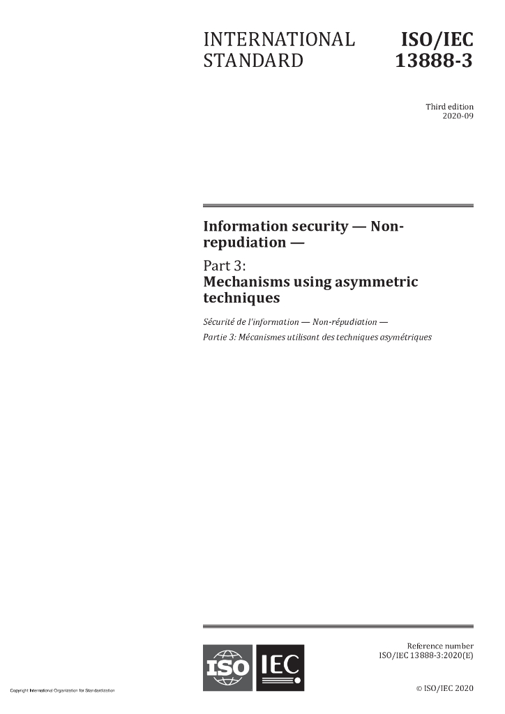 ISO/IEC 13888-3-2020 信息技术 安全技术 抗抵赖 第3部分：采用非对称技术的机制