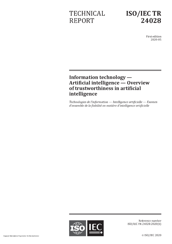 ISO/IEC TR 24028-2020 信息技术 ——人工智能——人工智能可信度综述