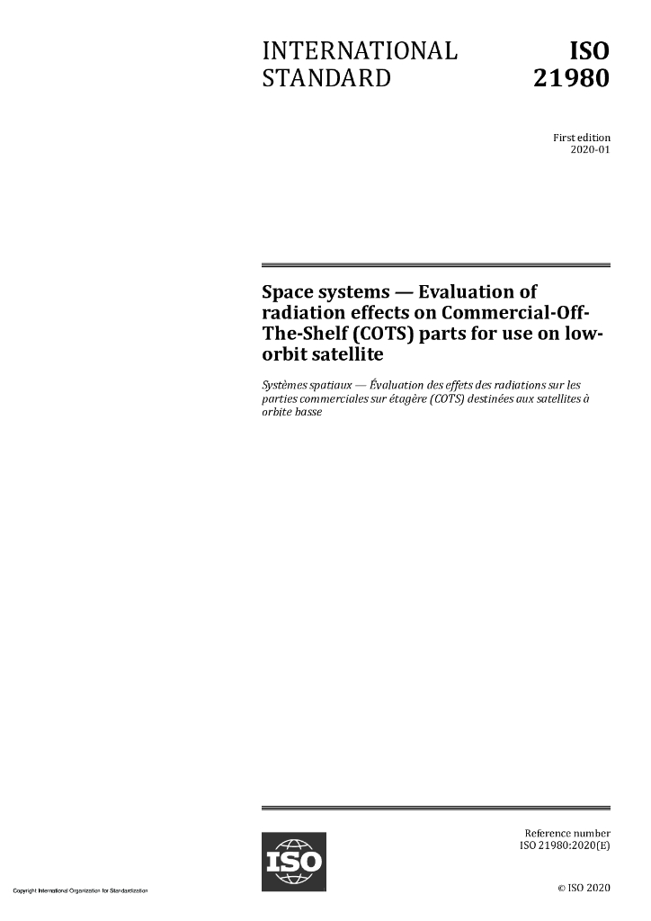 ISO 21980-2020 空间系统 低轨道卫星用商用现货(COTS)部件辐射效应的评估