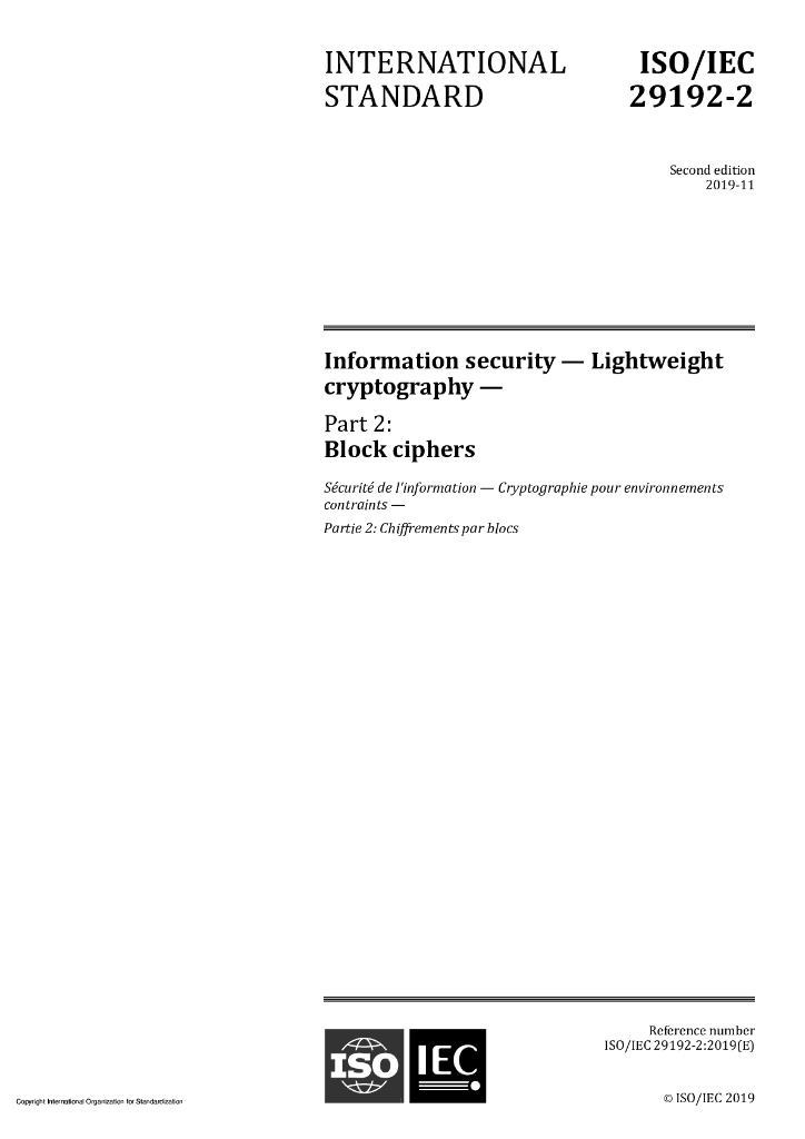 ISO/IEC 29192-2-2019 信息安全 轻量级密码学 第2部分：块密码