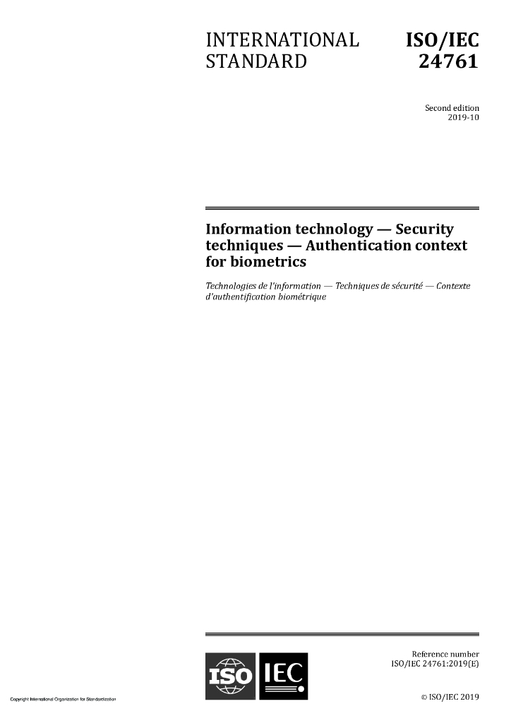 ISO/IEC 24761-2019 信息技术 安全技术 生物识别的认证内容