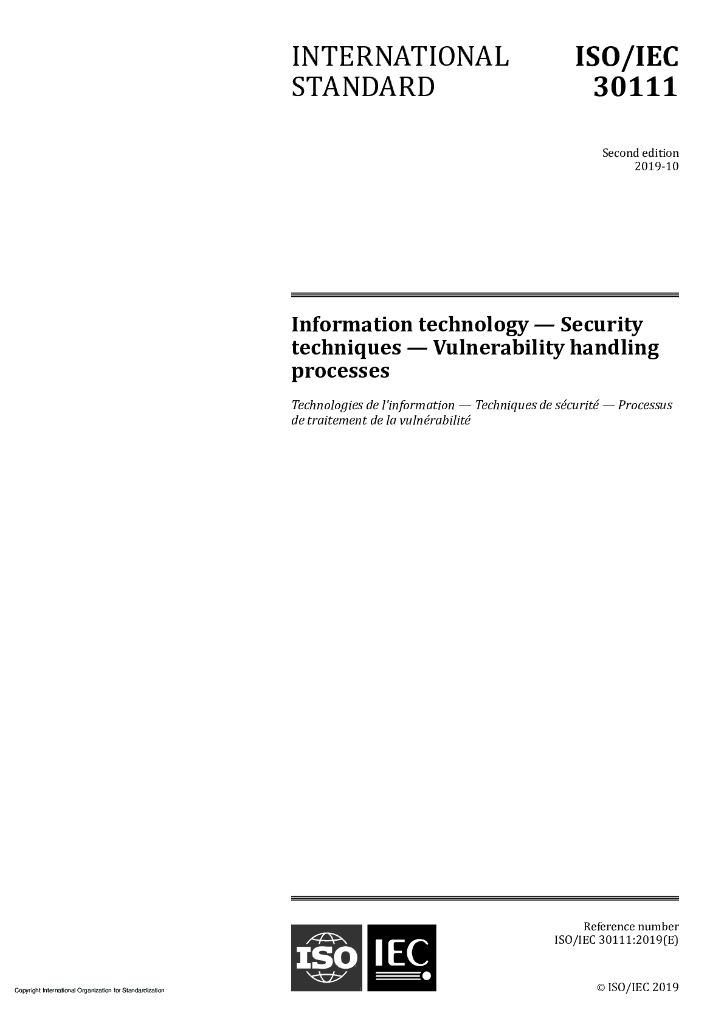ISO/IEC 30111-2019 信息技术 安全技术 漏洞处理过程