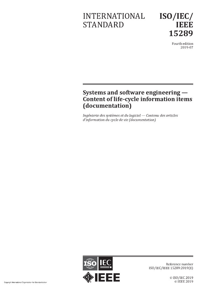 ISO/IEC/IEEE 15289-2019 系统和软件工程 系统和软件寿命过程信息产品的内容(记录文件)