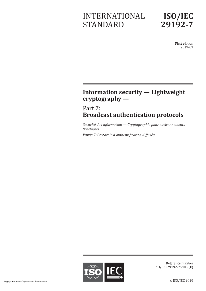 ISO/IEC 29192-7-2019 信息安全 轻量级密码 第7部分：广播认证协议