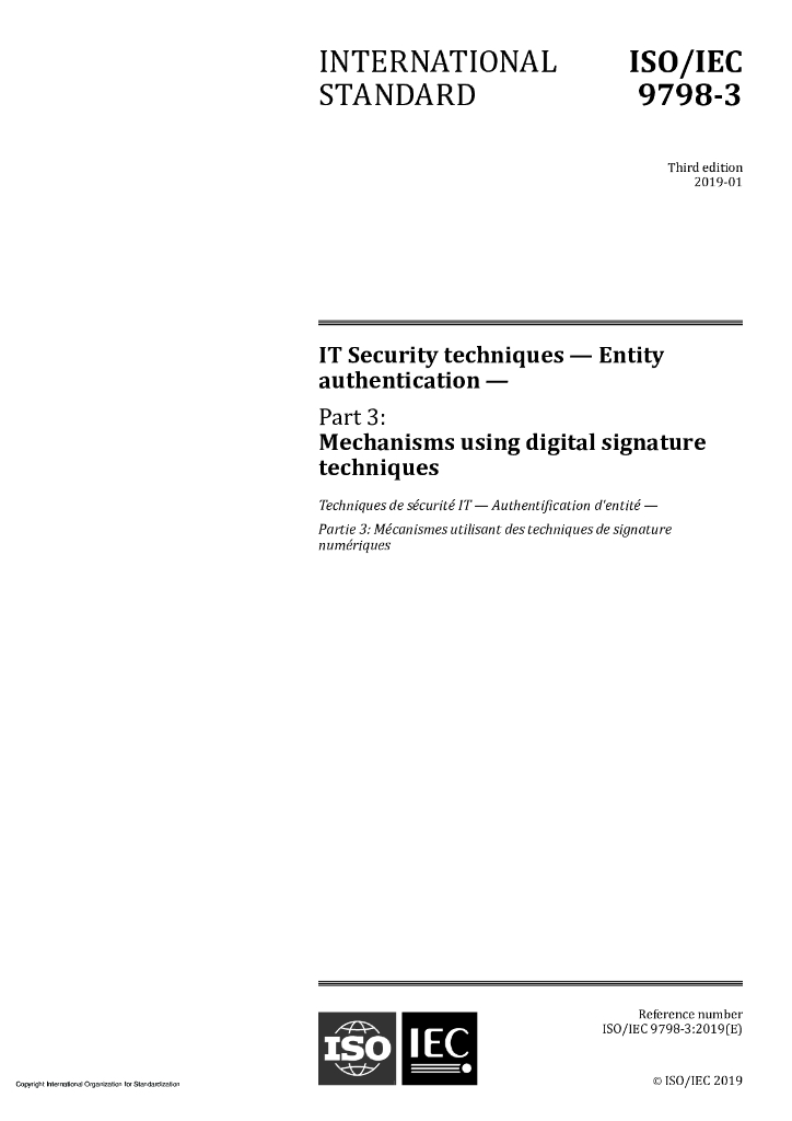 ISO/IEC 9798-3-2019 信息技术 安全技术 实体鉴别 第3部分：采用数字签名技术的机制