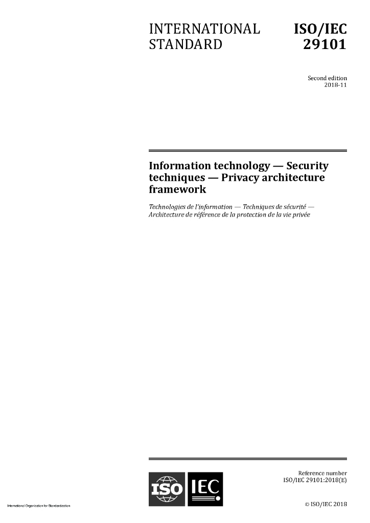 ISO/IEC 29101-2018 信息技术 安全技术 隐私权体系结构框架
