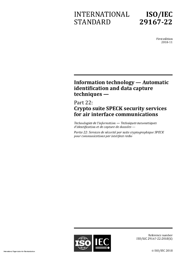 ISO/IEC 29167-22-2018 信息技术 自动识别和数据捕获技术 第22部分：空中接口通信用密码套件speck安全服务