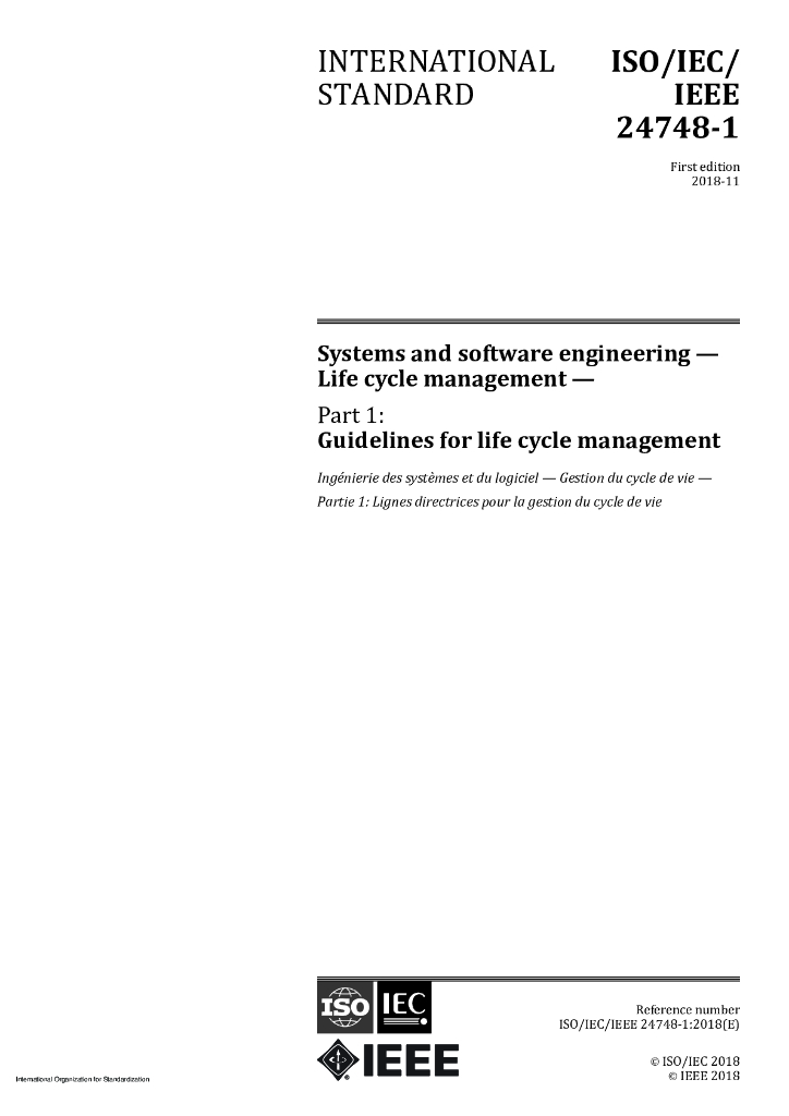 ISO/IEC/IEEE 24748-1-2018 系统和软件工程 生命周期管理 第1部分：生命周期管理指南