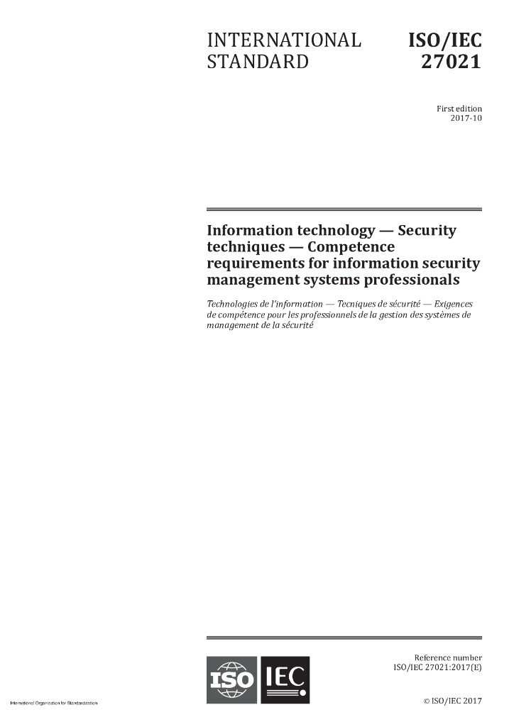 ISO/IEC 27021-2017 信息技术 安全技术 信息安全管理系统专业人员能力要求