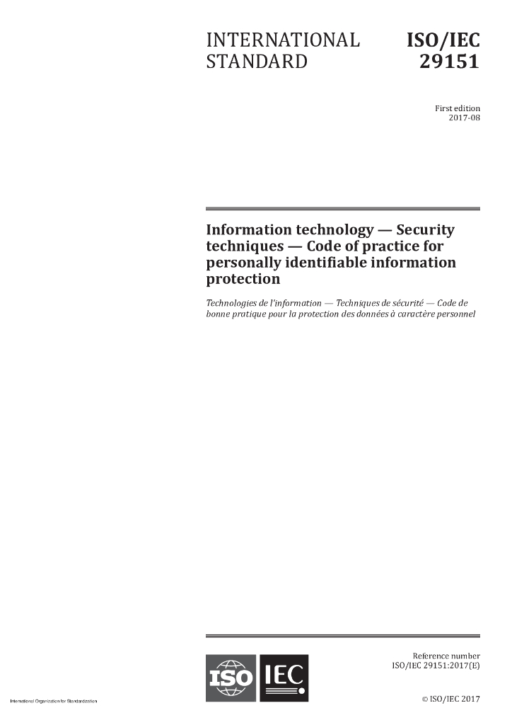 ISO/IEC 29151-2017 信息技术 安全技术 个人可识别信息保护实践准则
