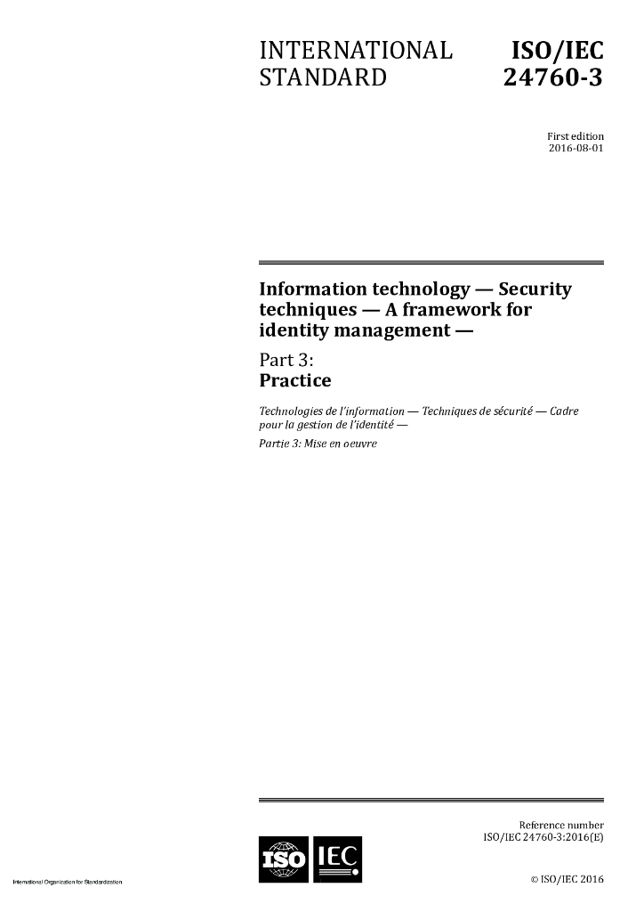 ISO/IEC 24760-3-2016 信息技术 安全技术 身份识别管理的框架 第3部分：实施