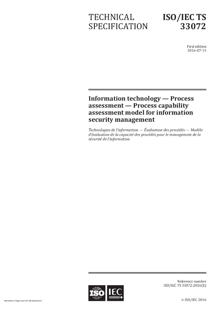 ISO/IEC TS 33072-2016 信息技术 过程评定 信息安全管理的过程能力评定模型