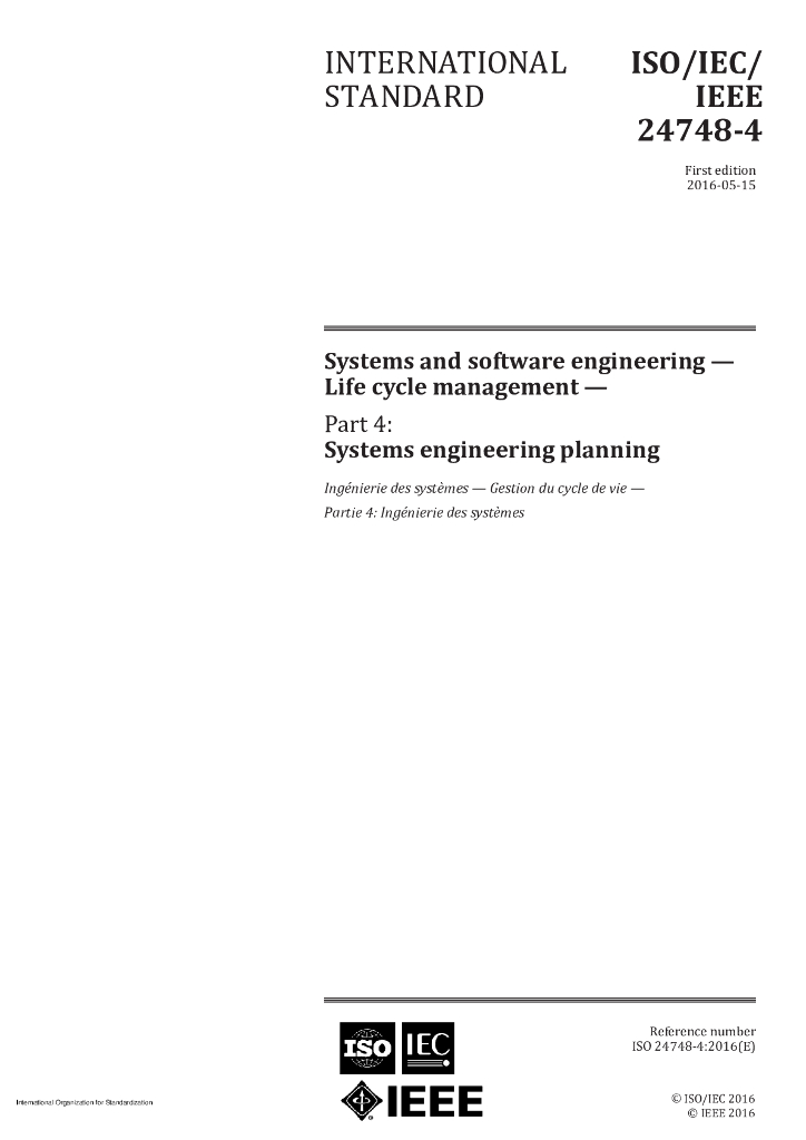 ISO/IEC/IEEE 24748-4-2016 系统和软件工程 生命周期管理 第4部分：系统工程规划
