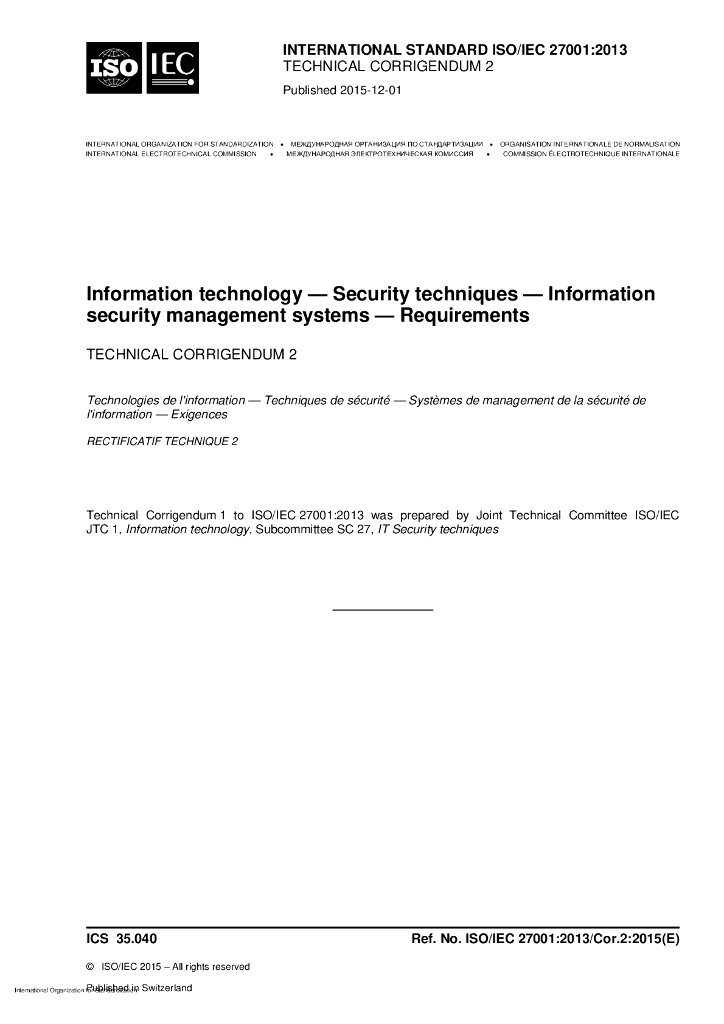 ISO/IEC 27001-2013/Cor 2-2015 勘误2:信息技术 安全技术 信息安全管理系统 要求