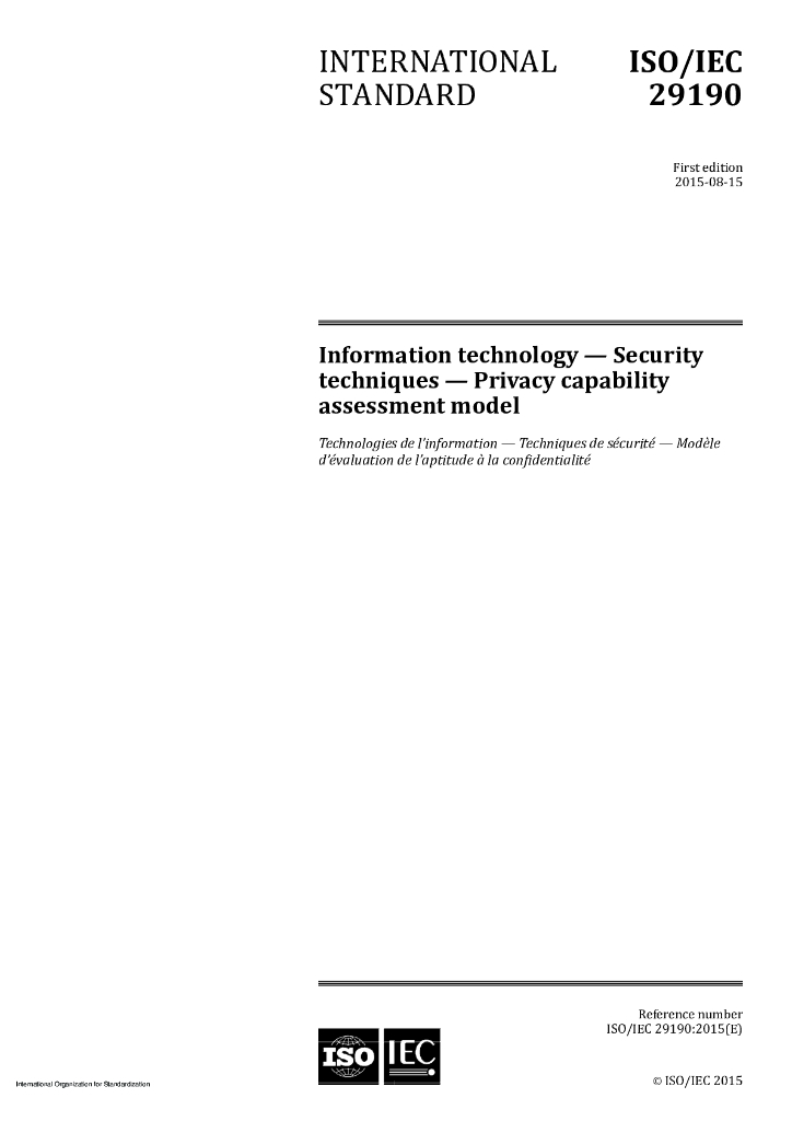 ISO/IEC 29190-2015 信息技术 安全技术 隐私保护能力评估模型
