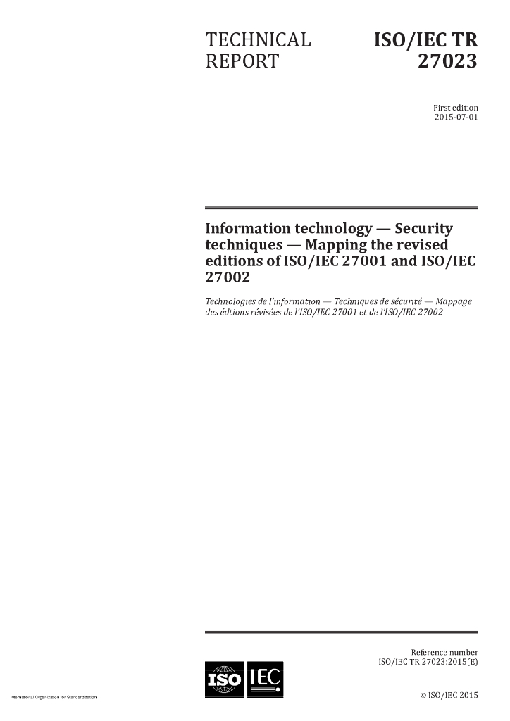 ISO/IEC TR 27023-2015 信息技术 安全技术 ISO/IEC 27001和ISO/IEC 27002的修订版映射