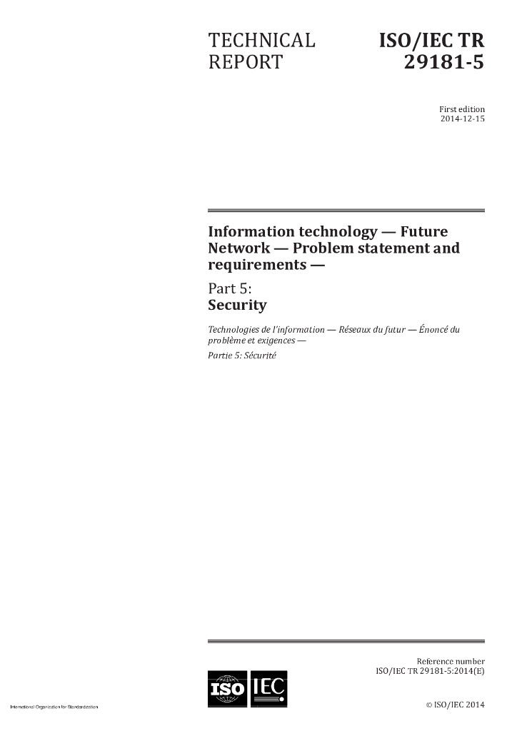 ISO/IEC TR 29181-5-2014 信息技术 未来网络 问题陈述和要求 第5部分：安全