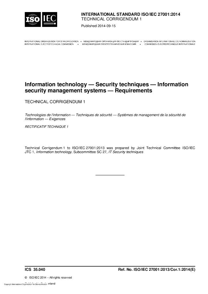 ISO/IEC 27001-2013/Cor 1-2014 勘误表1:信息技术、安全技术、信息安全管理体系、要求