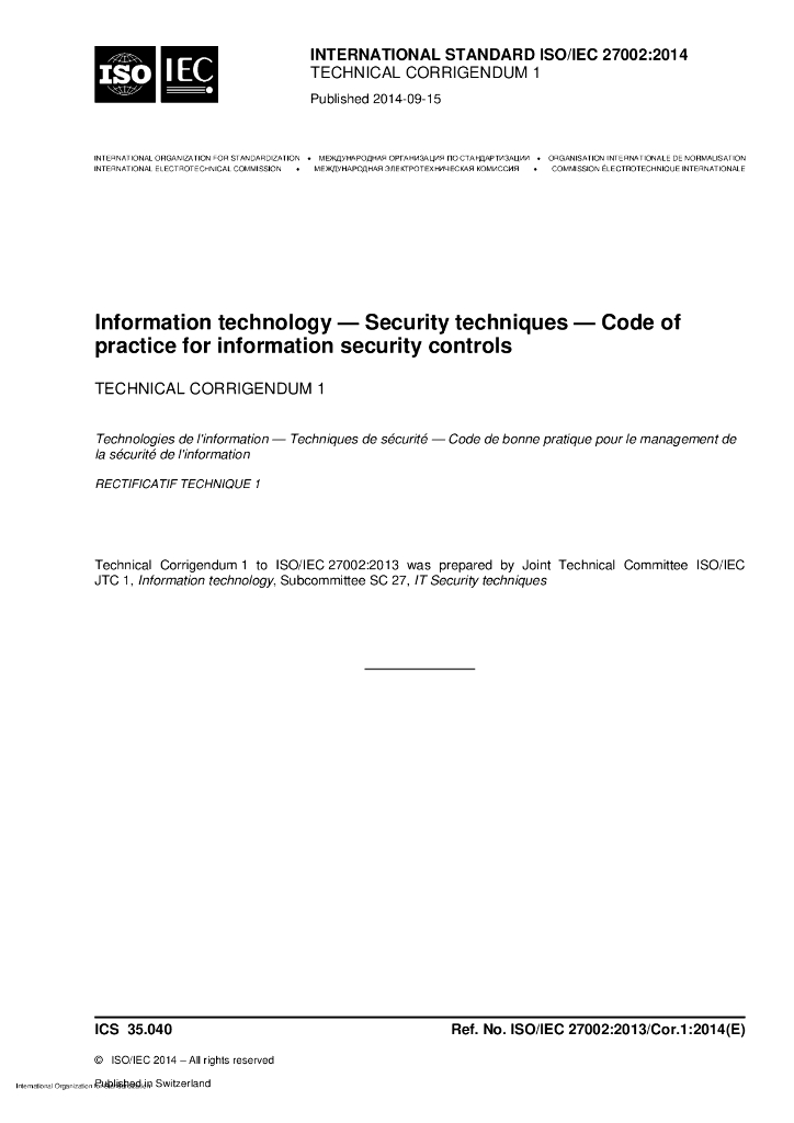ISO/IEC 27002-2013/Cor 1-2014 勘误表1:信息技术、安全技术、实施规范的信息安全控制