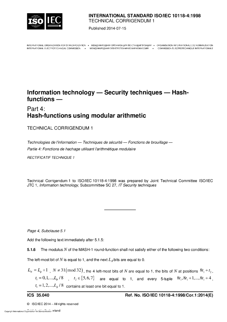 ISO/IEC 10118-4-1998/Cor 1-2014 勘误1:信息技术 安全技术 散列函数 第4部分：使用模运算的散列函数