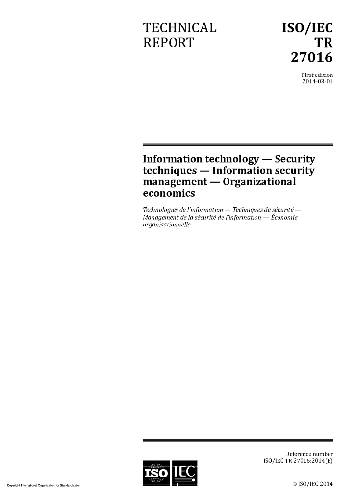 ISO/IEC TR 27016-2014 信息技术 安全技术 信息安全管理 组织经济学