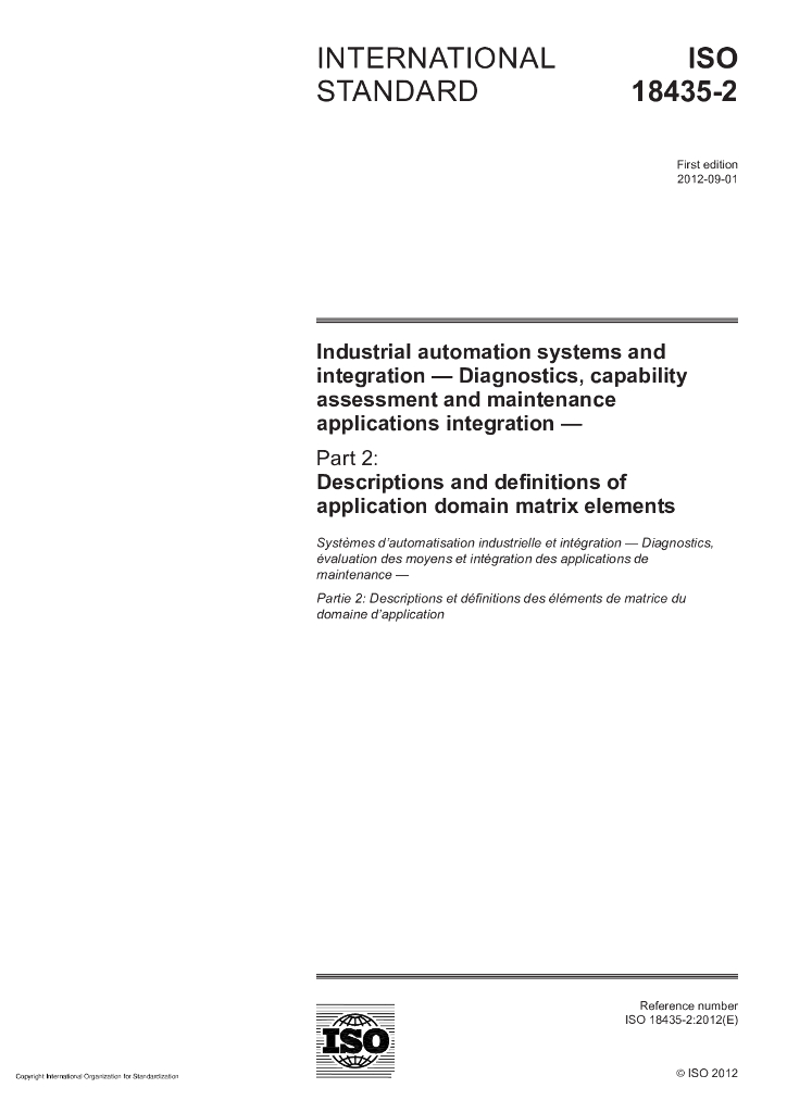 ISO 18435-2-2012 工业自动化系统与集成 诊断、能力评定和维护应用集成 第2部分：应用领域矩阵元的描述和定义
