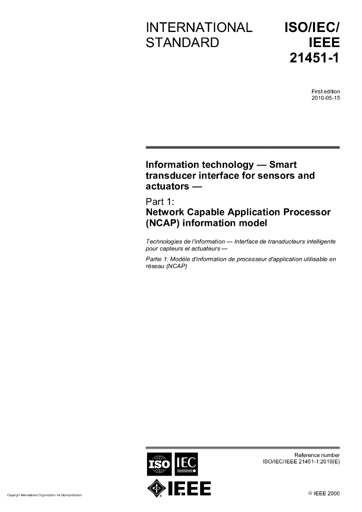ISO/IEC/IEEE 21451-1-2010 信息技术 传感器和执行器用智能变送器接口 第1部分：网络适配应用处理器信息模型