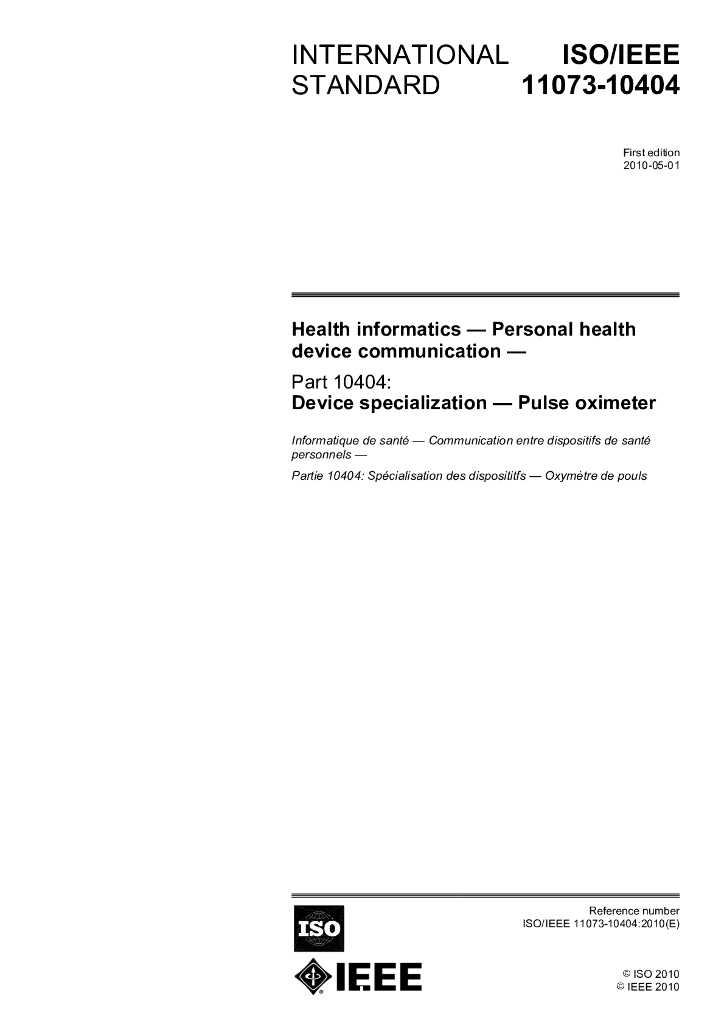 ISO/IEEE 11073-10404-2010 保健信息学 个人保健装置通信 第10404部分：装置专业化 脉搏血氧计