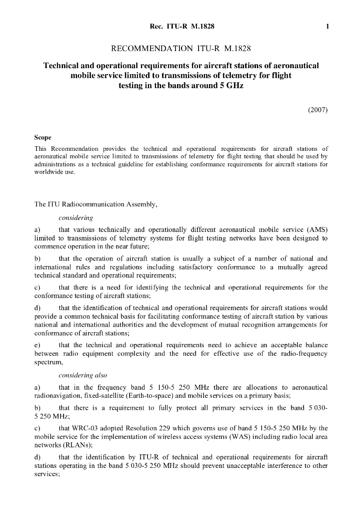 ITU-R M.1828-2007 限于传送5 GHz频段上飞行测试遥感勘测航空移动业务的航空器电台的技术和操作要求
